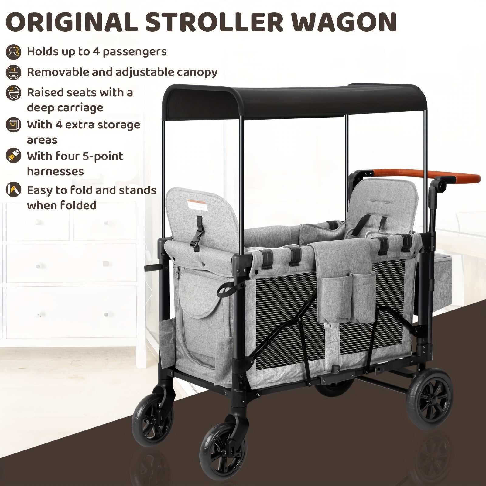 Luxury Comfort Stroller Wagon | Foldable 2 Passenger Double Seater With Adjustable Canopy
