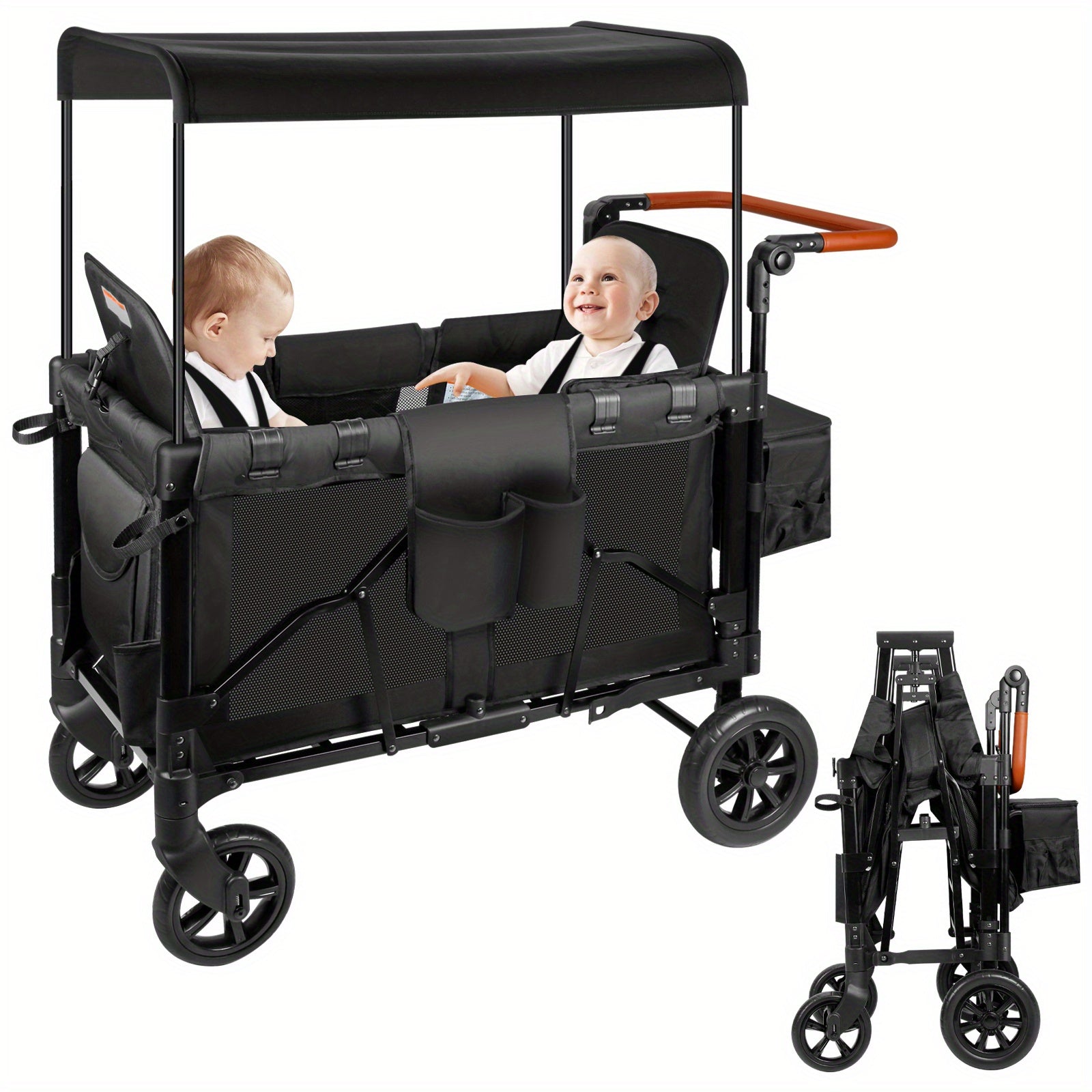 Luxury Comfort Stroller Wagon | Foldable 2 Passenger Double Seater With Adjustable Canopy
