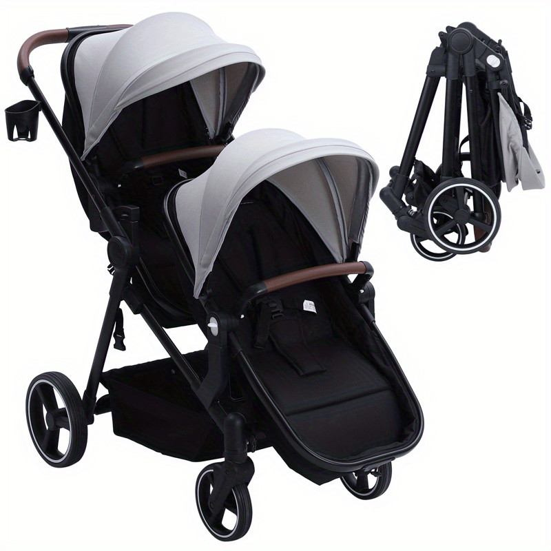 Double Stroller Track Tandem Stroller With Sunshade and Storage Basket Black