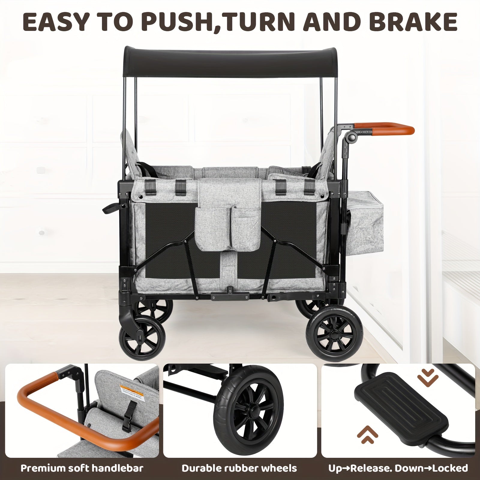 Luxury Comfort Stroller Wagon | Foldable 2 Passenger Double Seater With Adjustable Canopy