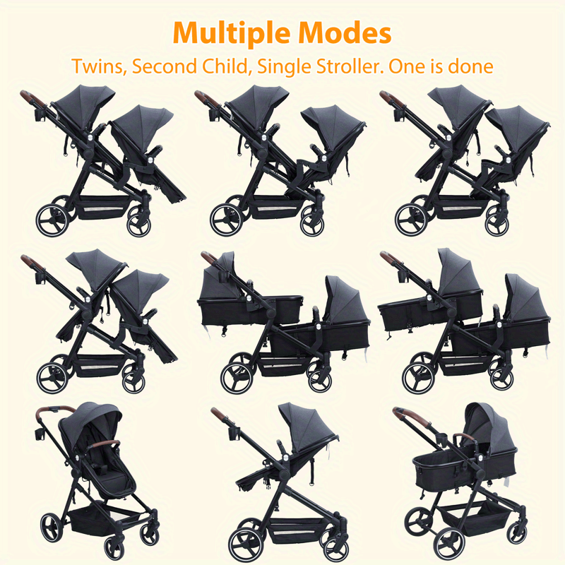 Double Stroller Track Tandem Stroller With Sunshade and Storage Basket Black